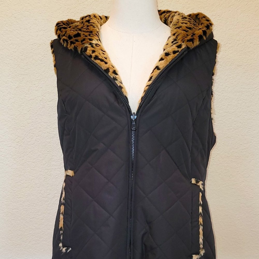 KRISTEN BLAKE REVERSIBLE Sleeveless Vest Jacket Black & Faux Leopard Fur Size L